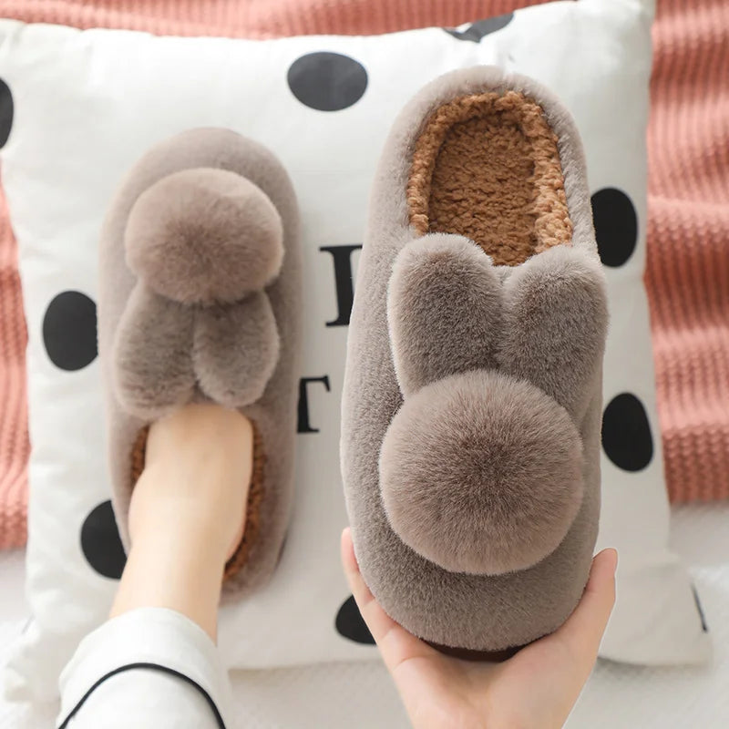 Cotton Slippers for Women with Rabbit Design Thick Soled Cold Proof Warm Indoor House Shoes Non Slip Comfort