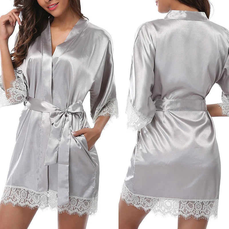 Women Pajamas Robes Sleepwear Nightgowns Half Sleeve Nightdress Lace Bathrobe Smooth Soft Comfortable Pure Color
