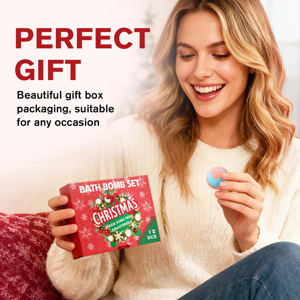 Christmas Bath Bomb Set - 12 PCS Salt Bath Ball with Essential Oils & Shea Butter, Moisturizing Foot Soak for Relaxation