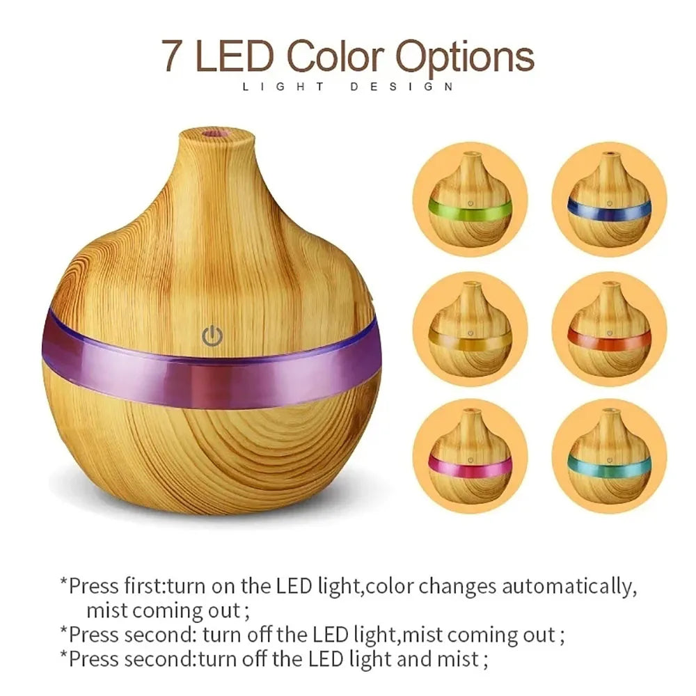 300ml High Quality Aromatherapy Essential Oil Diffuser Wood Grain Remote Control Ultrasonic Air Humidifier with 7 Colors Light