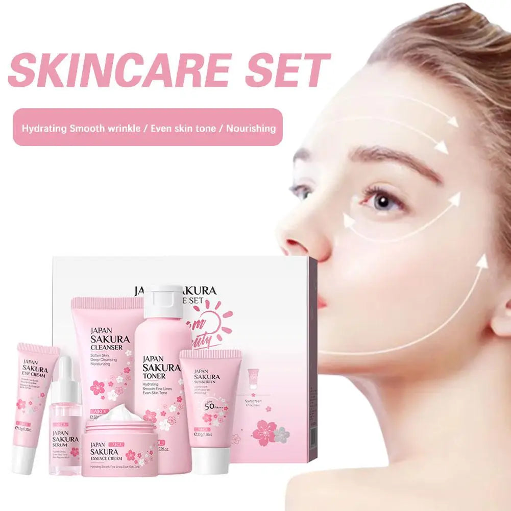 6pcs/Set Sakura Skin Care Sets Gift Sets Skin Care Kit with Cleanser Face Cream Serum Toner Facial Cleanser Product Gift Box New