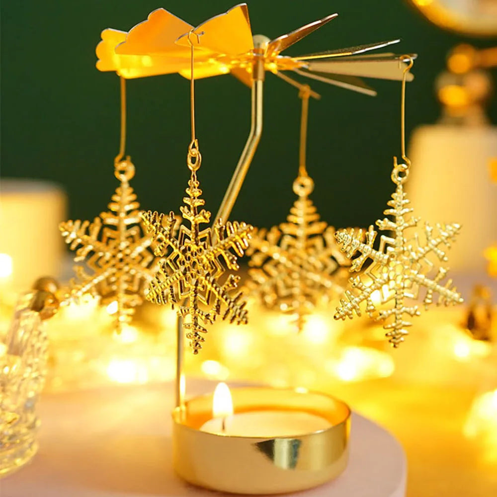 Rotating Candle Holder Metal Gold Christmas Present No Battery Heat Powered Spinning Carousel for Home Desk Counter Sweet Decor