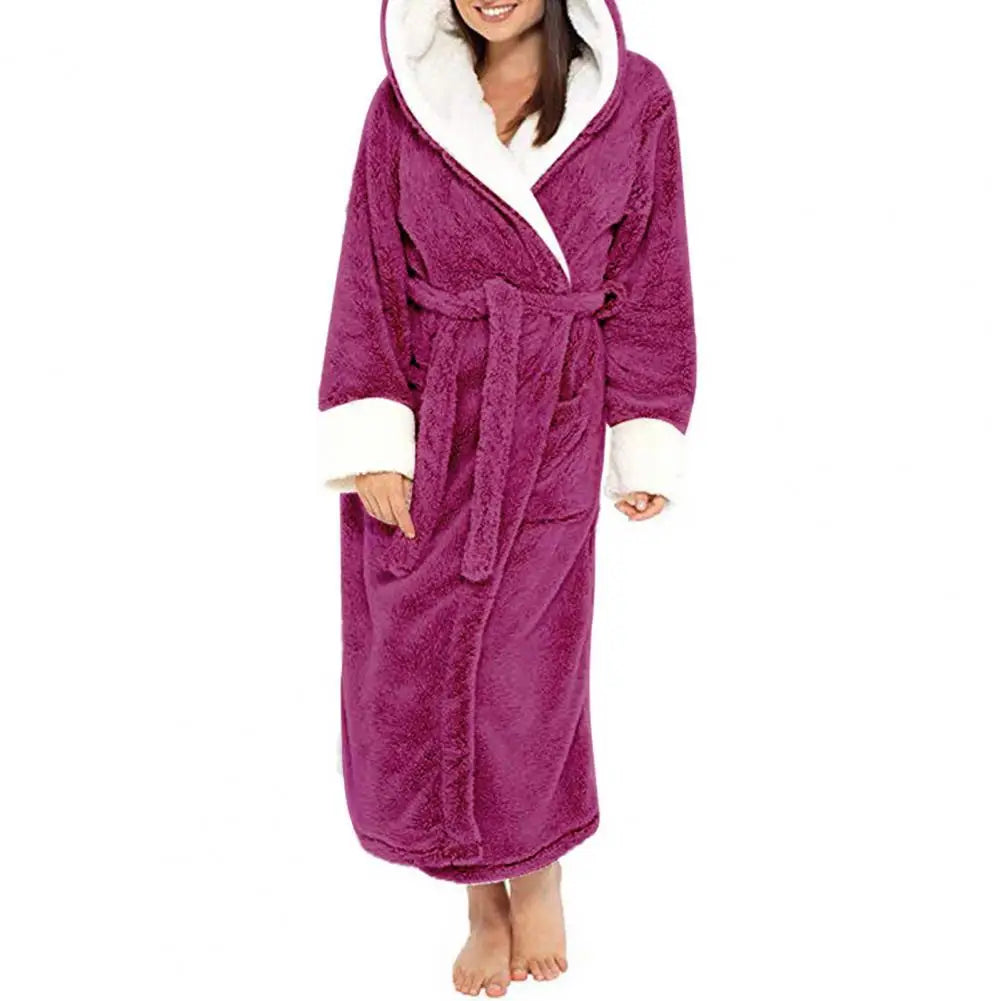 Women Bathrobe Plush Thicken Hooded Nightgown Autumn And Winter Warm And Comfortable Long-sleeved Robe Homewear Home Bath Robe