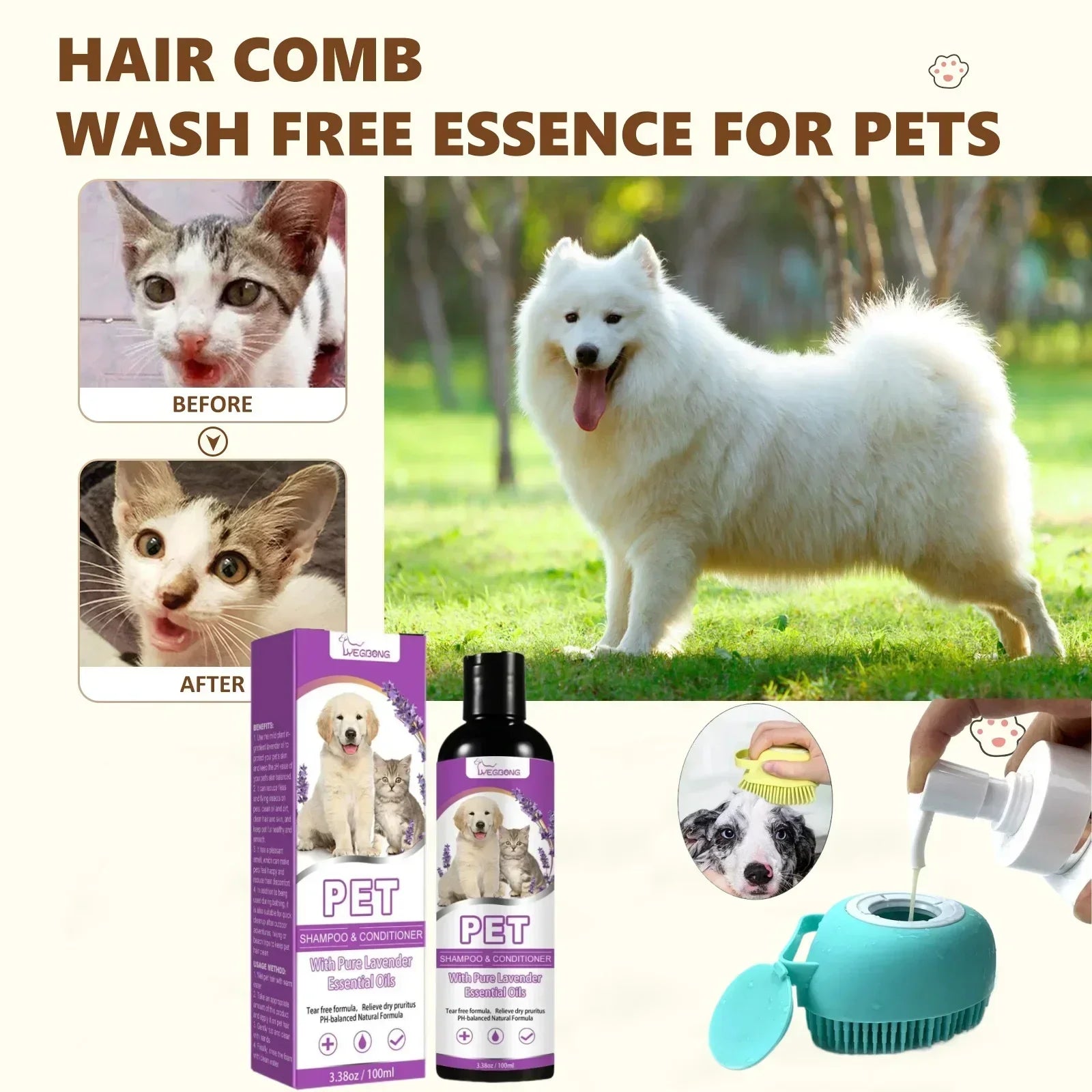 Shampoo Conditioner for Dogs and Cats, Odor Anti Mite Cat Shower Gel, Softening Kitten Body Wash, Dry Itchy Skin Relief Pet Hair