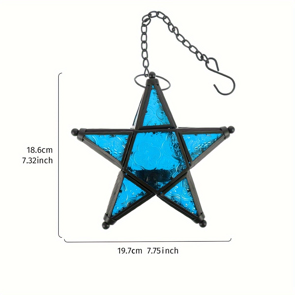 1pc, European Retro Style Color Windproof Glass Candle Holder, Pentagram Iron Hanging Embossed Glass Candle Holder ( Candles Not Included ), Holiday Atmosphere Atmosphere Home Decoration Pendant