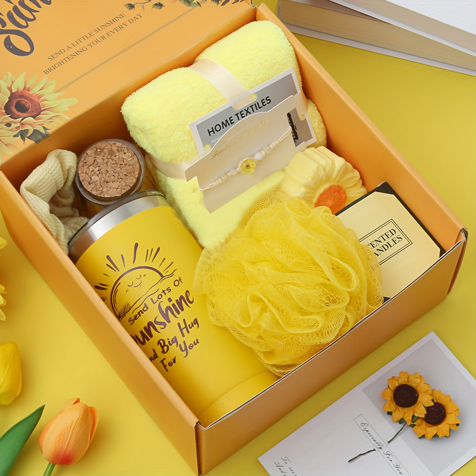 PULIDIKI Spa Gift Set for Women - Self Care Relaxation Package, Nylon Striped Fantasy Themed Box, Includes Aromatherapy, Bath Salts, Eye Mask, Tumbler & Greeting Card - Ideal for Birthday, Get Well, Anniversary Gifts