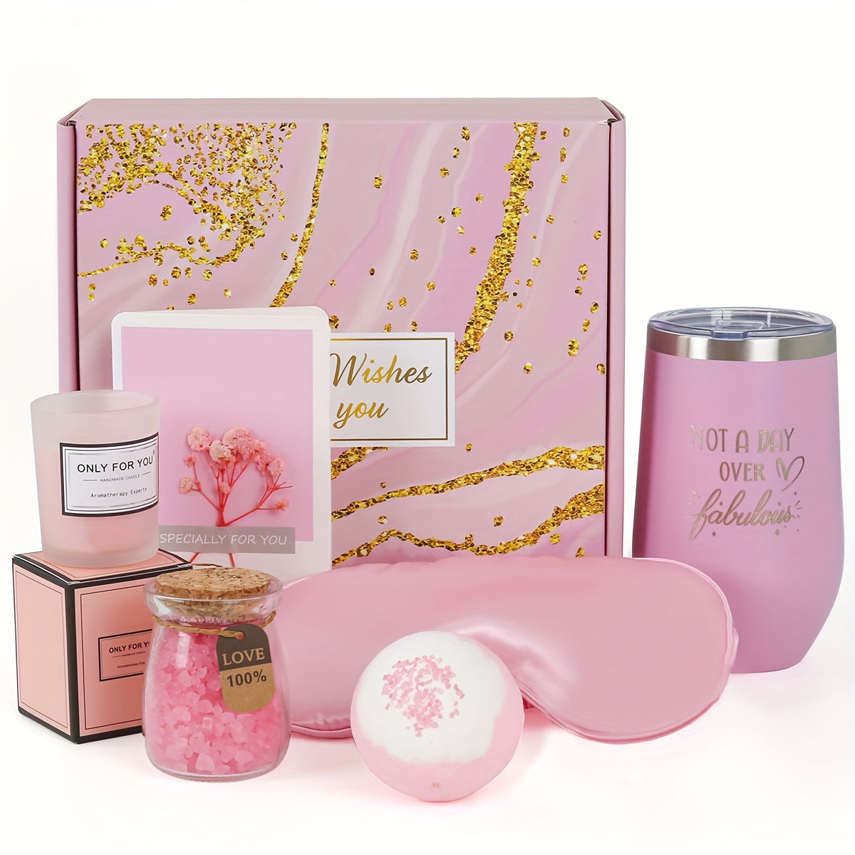 PULIDIKI Spa Gift Set for Women - Self Care Relaxation Package, Nylon Striped Fantasy Themed Box, Includes Aromatherapy, Bath Salts, Eye Mask, Tumbler & Greeting Card - Ideal for Birthday, Get Well, Anniversary Gifts