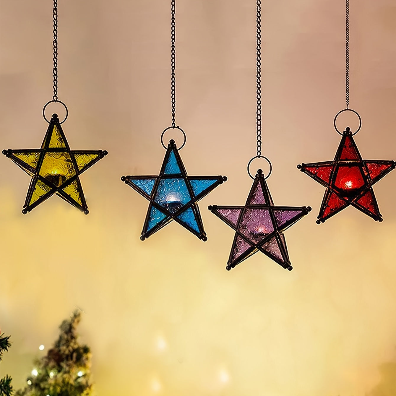 1pc, European Retro Style Color Windproof Glass Candle Holder, Pentagram Iron Hanging Embossed Glass Candle Holder ( Candles Not Included ), Holiday Atmosphere Atmosphere Home Decoration Pendant