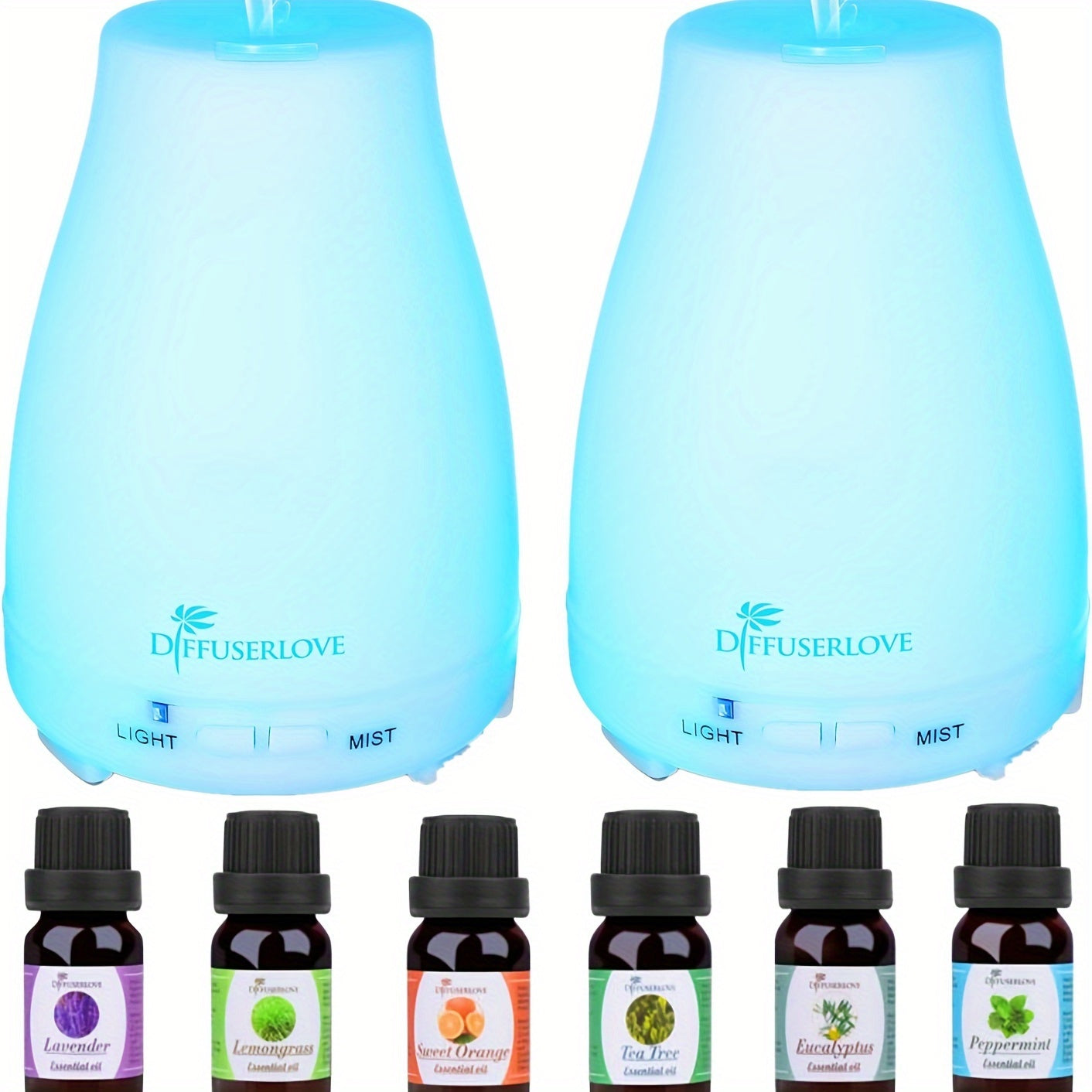 2pcs 200ml Essential Oil Diffuser - Home Fragrance Lamps with 7 Color LED Lights, Automatic Shut-Off, No Water Required, Cold Mist Humidifier, and 6 Bottles of Natural Incense Smoked Essential Oil