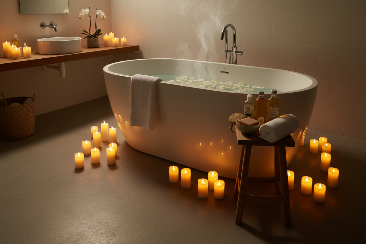 can you make a picture of flameless candles in a low it room with a bath for a bath and spa products store