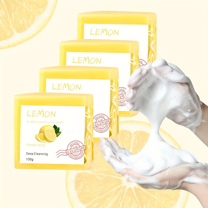 4pcs*100g Lemon Essential Oil Soap, Handmade Soap, Deeply Cleanses the Light Beige, Facial and Body Moisturizing Care Soap, with Rich Bubbles, Set for Gift, Suitable for Both Men and Women.