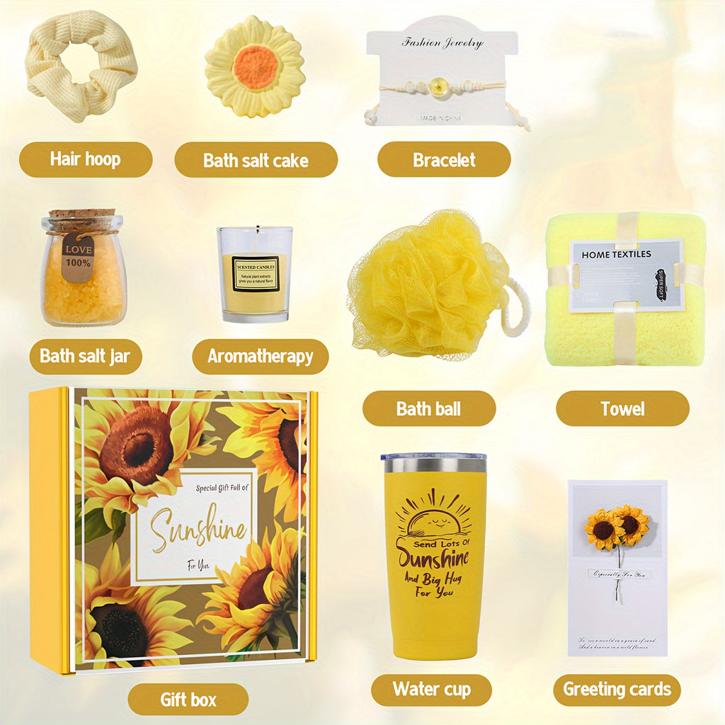 PULIDIKI Spa Gift Set for Women - Self Care Relaxation Package, Nylon Striped Fantasy Themed Box, Includes Aromatherapy, Bath Salts, Eye Mask, Tumbler & Greeting Card - Ideal for Birthday, Get Well, Anniversary Gifts