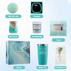 PULIDIKI Spa Gift Set for Women - Self Care Relaxation Package, Nylon Striped Fantasy Themed Box, Includes Aromatherapy, Bath Salts, Eye Mask, Tumbler & Greeting Card - Ideal for Birthday, Get Well, Anniversary Gifts