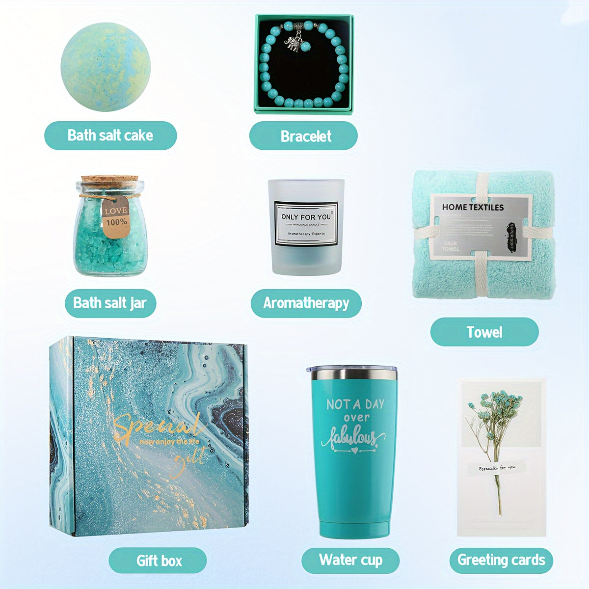 PULIDIKI Spa Gift Set for Women - Self Care Relaxation Package, Nylon Striped Fantasy Themed Box, Includes Aromatherapy, Bath Salts, Eye Mask, Tumbler & Greeting Card - Ideal for Birthday, Get Well, Anniversary Gifts