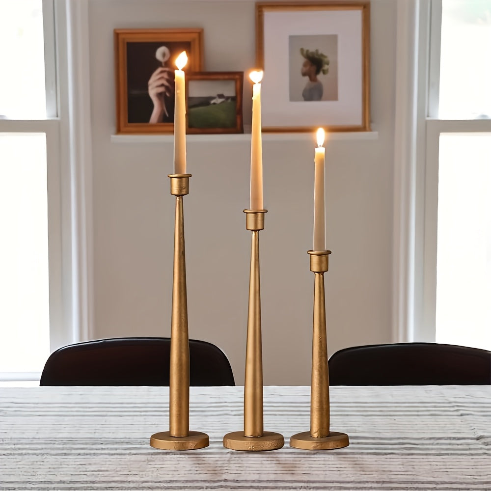 3pcs Iron Taper Candle Holder For Party Table Decoration, Golden Antique Brass Iron Taper Candle Holder For Home, Wedding, Birthday, And Christmas Decoration