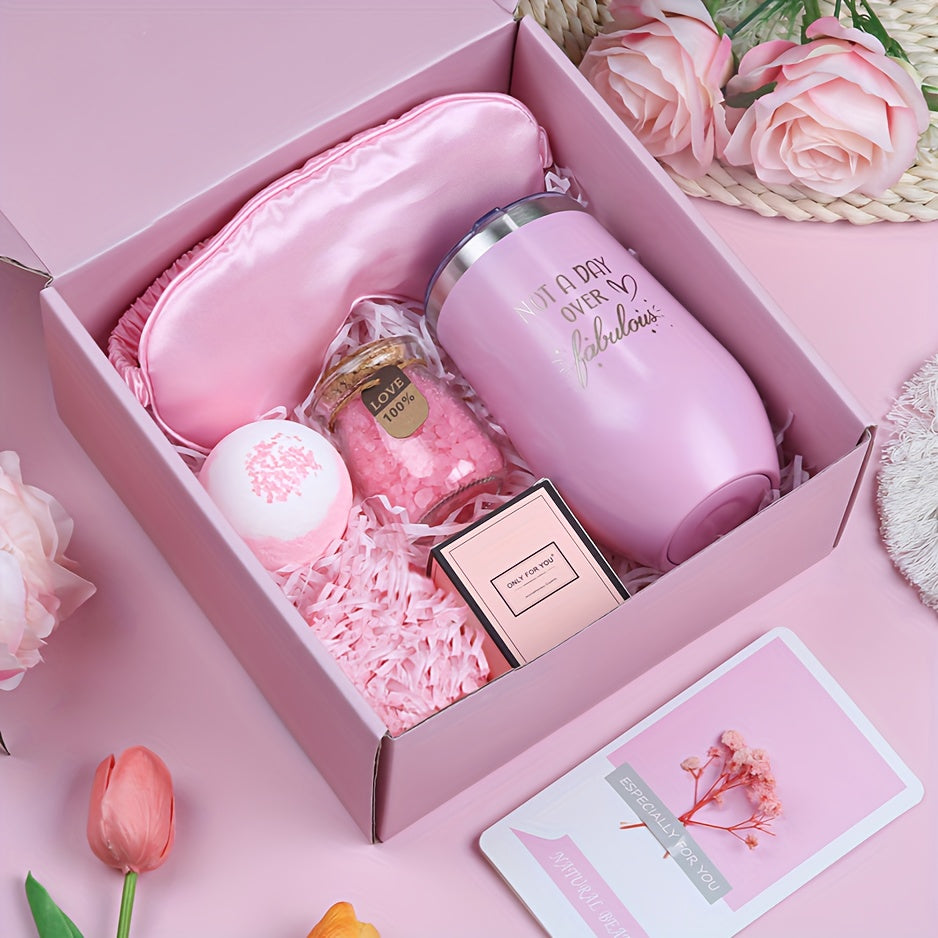 PULIDIKI Spa Gift Set for Women - Self Care Relaxation Package, Nylon Striped Fantasy Themed Box, Includes Aromatherapy, Bath Salts, Eye Mask, Tumbler & Greeting Card - Ideal for Birthday, Get Well, Anniversary Gifts