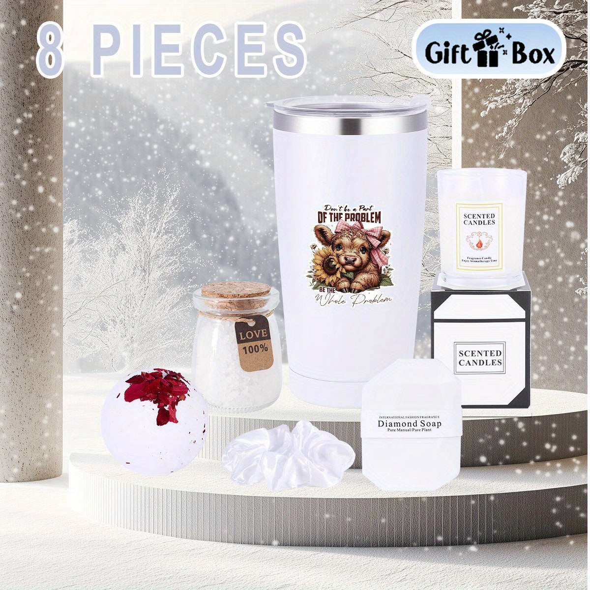 8pcs Highland Cow Women'S Spa Gift Basket, Basket Set Stuff Womens Gifts-Multi-Item Party Favor Packs Including Cup, Bath Bombs, Candles, Soap, Gift Box, Bath Salts And Thank You Cards, Gift For Women, Mom, Wife, Girlfriend,