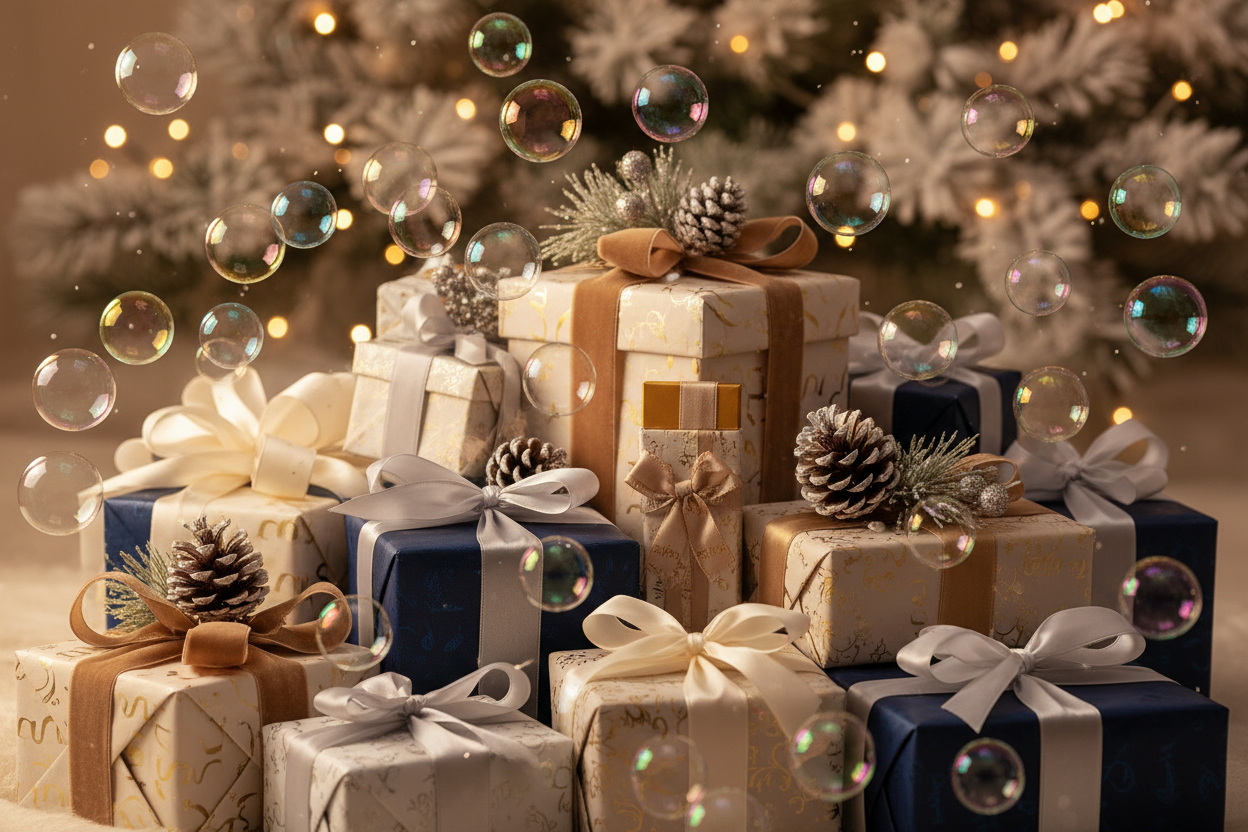 I want a pile of wrapped presents with lots of bubbles around them in a christmas scene. this is for a bath spa store.
