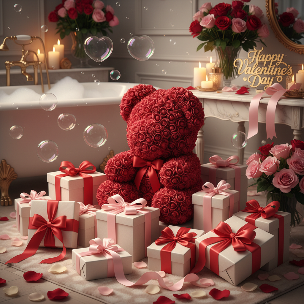 Valentine's Gift Scene with Rose Bear